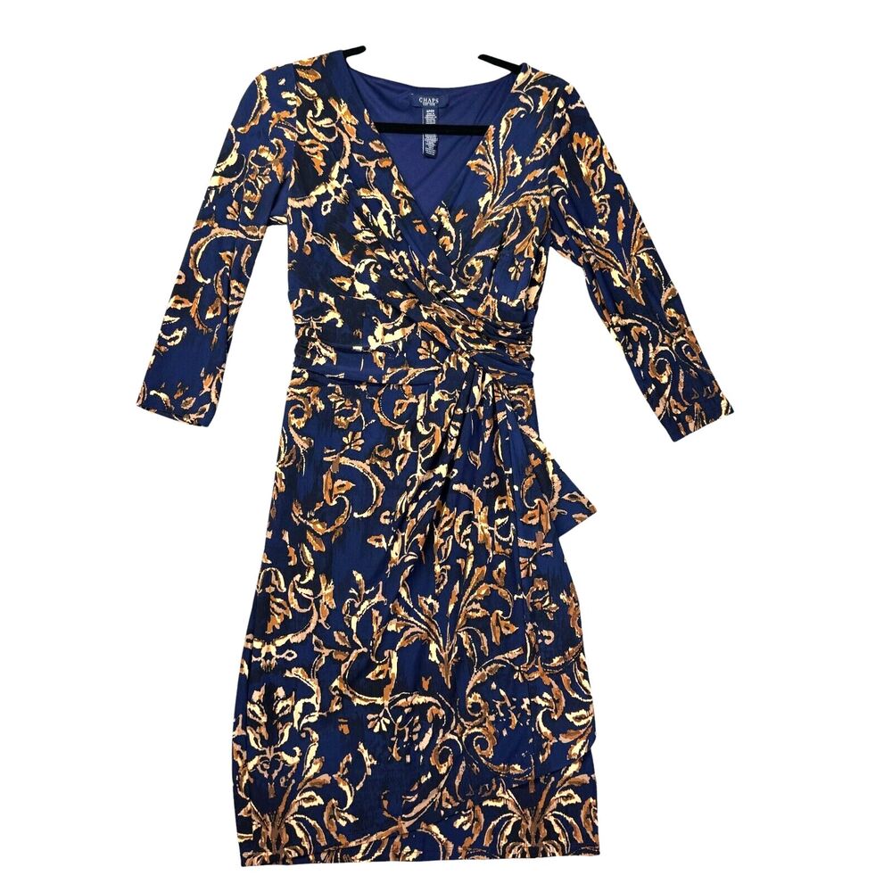Chaps Dress Women's Small Navy Gold Foil Midi Wrap 3/4 Sleeve V-Neck Tie Waist